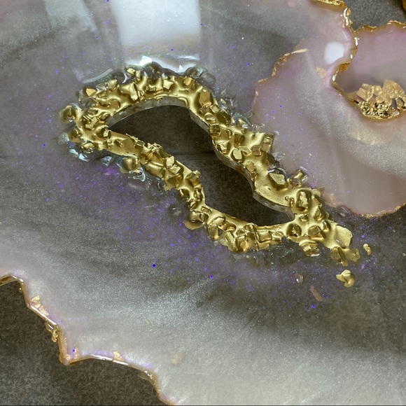 HANDMADE RESIN GEODE AGATE TRAY & COASTER SET HOLOGRAPHIC PINK AND GOLD - Picture 4 of 12